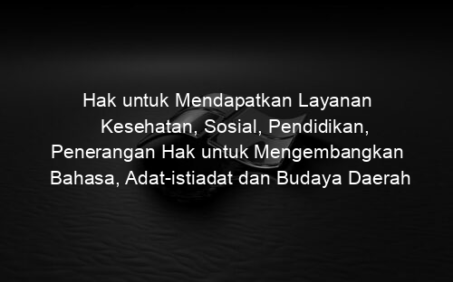 Hak untuk Mendapatkan Layanan Kesehatan, Sosial, Pendidikan, Penerangan Hak untuk Mengembangkan Bahasa, Adat istiadat dan Budaya Daerah Masing masing, serta Hak untuk Mendirikan Lembaga Sosial Budaya