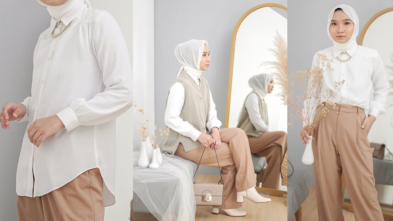 9 Style OOTD Kemeja Putih Hijab dengan Jeans, Rok, Kulot