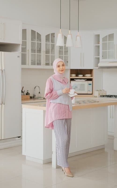 Outfit Pink dengan Vest Abu Abu